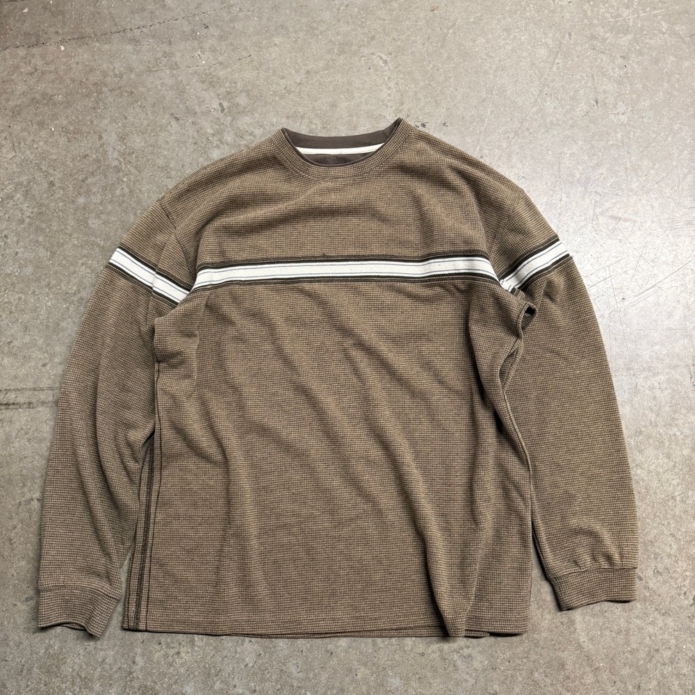 No Fear Mens Brown Waffle Knit Thermal Long Sleeve Striped Shirt Large